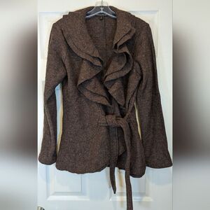 MARINA LUNA Wool brown Wrap ruffled belted long sleeve knit Cardigan sweater M